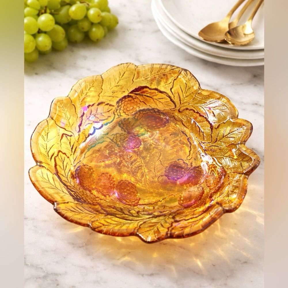 Vintage Amber Carnival Glass Grape Leaf Bowl 7” Iridescent Pressed Glass